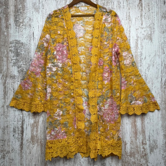 Jolie & Joy Sweaters - Jolie & Joy Floral Lace Kimono Cardigan Yellow Pink Bell Sleeve Large Feminine